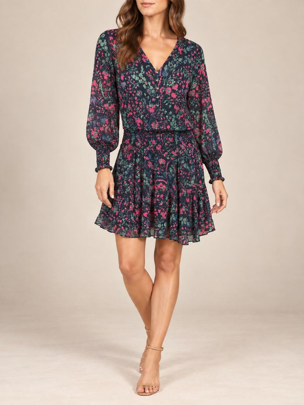 Figue Silk Dress Womens XS Black Pink Floral Chiffon Smocked Boho Cottagecore